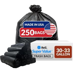 imageReli 3033 Gallon Trash Bags Heavy Duty  250 Count Bulk  Black Large Trash Bags 30 32 Gallon  Made in USA