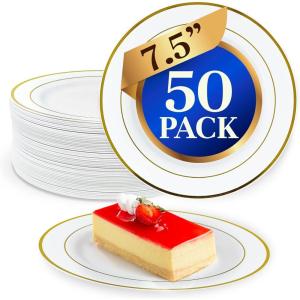 imageReli 50 Pcs Plastic Dessert Plates Disposable 75 inch White wGold Rim  Small Plates for Party Heavy Duty  Hard Plastic for Dessert Wedding Birthday SaladAppetizer 75quot