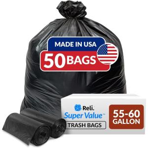 imageReli 5560 Gallon Trash Bags Heavy Duty  50 Bags  5060 Gallon  Large Black Garbage  Made in USA