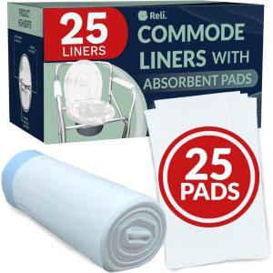 imageReli Commode Liners with Absorbent Pads 25 Pack  25 Each Liner and Pad  Use in Bedside Toilet Chair Bucket  Portable Toilet Poop Bags  Disposable Bedpad LinerWaste Bags