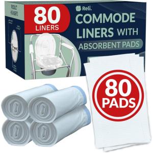 imageReli Commode Liners with Absorbent Pads Bulk 80 Pack  80 Each Liner and Pad  Use in Bedside Toilet Chair Bucket  Portable Toilet Poop Bags  Disposable Bed LinerWaste Bags