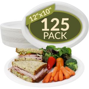 imageReli Compostable Oval Paper Plates 12 Inch 125 Count  White Large Paper Plates  Heavy Duty Disposable  Disposable Platters 12x10  Made of Sugarcane Fibers Bagasse Biodegradable