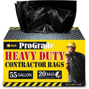 imageReli Contractor Garbage Bags 55 Gallon  20 Trash Bags  Heavy Duty  Black Contractor