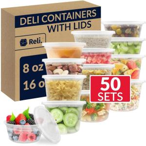 imageReli Deli Containers with Lids 50 Sets Total Variety Pack  8 oz 25 Sets 16 oz 25 Sets Plastic Soup Containers for To Go Meal Prep Food Storage  BPA Free Disposable  Microwave Freezer Safe