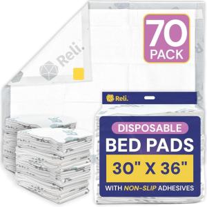 imageReli Disposable Bed Pads 70 Pack  30quot x 36quot  XL Bed Pads Disposable Adult  Incontinence Bedpads w NonSlip Adhesives  Absorbent Peepads for Adults Seniors Puppy  Waterproof Underpads