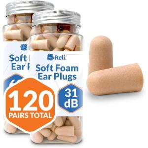 imageReli Foam Ear Plugs 120 Pairs Bulk 31 dB NRR  Disposable Foam Ear Plugs for Sleeping Noise Cancelling  Blocks Loud Snoring Concerts Travel Noise Reduction Peach