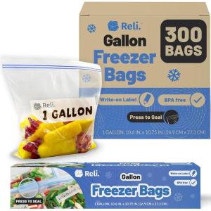 imageReli Gallon Freezer Bags 300 Count 106x1075 inch Freezer Bags 1 Gallon  Double Zipper Large Size  Press to Seal Write on Label 1Gal