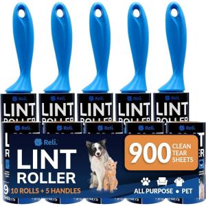 imageReli Lint Rollers for Pet Hair Extra Sticky 900 Sheets Total  Dog ampamp Cat Hair Remover  10 Rolls  5 Reusable Handles 90 Sheets Per Roll  Lint Remover for Clothes Couch  Easy Peel Sheets  Bulk