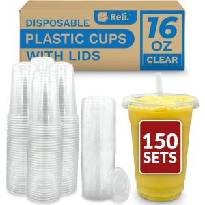 imageReli Plastic Cups with Lids 16 oz  150 Sets  Clear Plastic Cups with Lids  To Go Leak Proof  Use for Smoothies Iced Coffee150