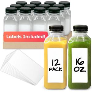 imageReli Plastic Juice Bottles 12 Pack 16 oz Square 16 oz Plastic Bottles with Caps ampamp Sticker Labels  Clear Empty for Drinks 16oz  Disposable Reusable Containers for Juicing Smoothies