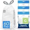 imageReli SuperFit Code G 60 Count  Compatible with Simplehuman Code G  Dispenser Pack Custom Fit Liners  Drawstring Trash Bags  30 Liter  8 Gallon  White
