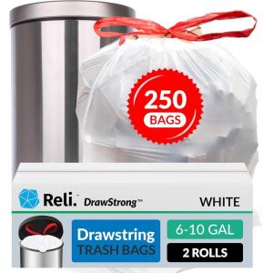 image610 Gallon Trash Bags Drawstring  250 Count  22quotx23quot  6 8 10 Gallon Drawstring Garbage Bags  White Trash Can Liners  Small  Medium