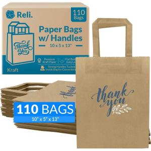imageReli 110 Pack  10quotx5quotx13quot  Paper Thank You Bags wHandles  Brown Paper Bags Printed  Small Thank You Giftbag for Guests  Gifts Wedding Merchandise Small Business