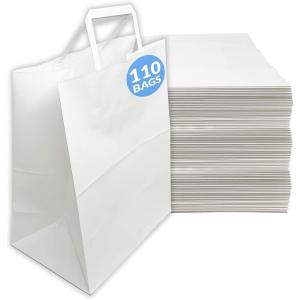 imageReli 110 Pack  10x5x13  White Paper Bags wHandles  Ideal for Gifts Shopping Bags RetailMerchandise Grocery To GoTake Out with Flat Handles