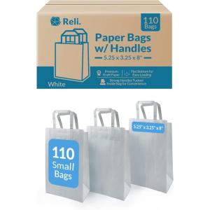 imageReli 110 Pack  525quotx325quotx8quot  Small White Gift Bags wHandles  Kraft Paper Shopping White Paper Bag for Gifts Retail Merchandise Party Favors