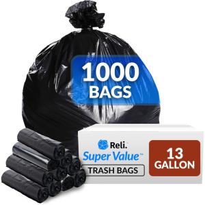 imageReli 13 Gallon Trash Bags  1000 Bags  Black  Tall Kitchen  Strong  Garbage