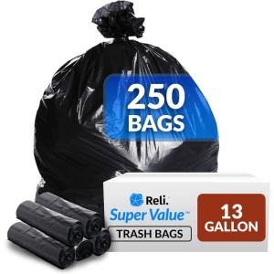 imageReli 13 Gallon Trash Bags  250 Bags  Black  Tall Kitchen  Strong  Garbage