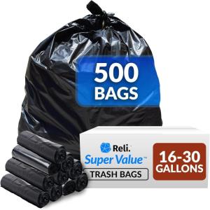 imageReli 1625 Gallon Trash Bags  500 Bags  Black  Home Kitchen  Strong  Garbage