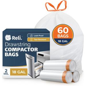 imageReli 18 Gallon Trash Compactor Bags 60 Pack  2 Mil Heavy Duty  Compatible with Kitchenaid Whirpool GE 15 Inch Compactors  No Slip Drawstring Kitchen Trash Bags  LeakProof ampamp Tear Resistant