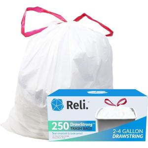 imageReli 24 Gallon Trash Bags Drawstring  250 Count  18quotx 20quot  Small Garbage Bags 4 Gallon  Drawstring Handles  White Trash Can Liners 2 Gal  3Gal  4Gal  Small Bin Liners Office