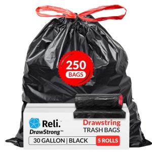 imageReli 30 Gallon Trash Bags Drawstring  250 Count Bulk  Black  30 Gallon Garbage Bags Heavy Duty  Large250