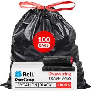 imageReli 39 Gallon Trash Bags Drawstring 100 Count Large 39 Gallon Heavy Duty Drawstring Trash Bags Garbage 39Gal Capacity Lawn Leaf 39Gal Black1 Count Pack of 100