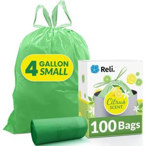 imageReli 4 Gallon Trash Bags Drawstring 100 Count  Citrus Scented Small Trash Bags for Bathroom Can  2 Gal  3 Gallon  4 Gal Small Trashcan Liners Green
