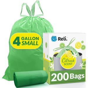imageReli 4 Gallon Trash Bags Drawstring 200 Count Bulk  Citrus Scented Small Trash Bags  Garbage Liners for Bathroom Can  2 Gal  3 Gallon  4 Gal Small Can Liners Green