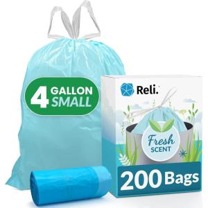 imageReli 4 Gallon Trash Bags Drawstring 200 Count Bulk  Fresh Scented Small Trash Bags for Bathroom Can  2 Gal  3 Gallon  4 Gal Small Trashcan Liners Blue