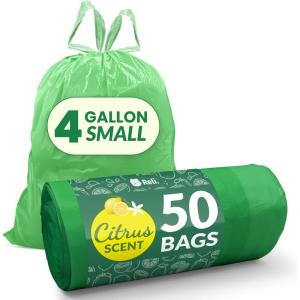 imageReli 4 Gallon Trash Bags Drawstring 50 Count  Citrus Scented Small Trash Bags  Garbage Liners for Bathroom Can  2 Gal  3 Gallon  4 Gal Small Can Liners Green