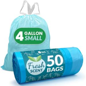 imageReli 4 Gallon Trash Bags Drawstring 50 Count  Fresh Scented Small Trash Bags for Bathroom Can  2 Gallon  4 Gal Small Trashcan Liners Blue