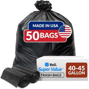 imageReli 40 to 45 Trash Bags Heavy Duty  50 Trash Bags  Super Sizeable for Serious Garbage Cleanup Black