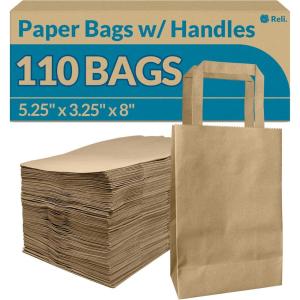 imageReli 525x325x8 in Small Paper Bags with Handles  110 Pack  Kraft Brown Paper Bags with Flat Handles Bulk  Ideal for Gifts Retail Shopping Merchandise Crafts