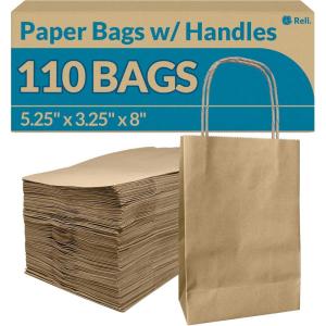 imageReli 525x325x8 in Small Paper Bags with Handles  110 Pack  Kraft Brown Paper Bags with Twist Handles Bulk  Ideal for Gifts Retail Shopping Merchandise Crafts