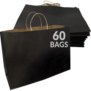 imageReli 60 Pcs Paper Shopping Bags Black  16x6x12  Large Paper Bags with Handles  Strong Large Shopping for Boutique  Kraft  Use for Take OutTo Go RetailRestaurant Twist Handles