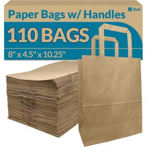 imageReli 8x45x1025 in Brown Paper Bags with Handles  110 Pack  Kraft Brown Paper Bags with Flat Handles Bulk  Ideal for Gifts Retail Shopping Merchandise Crafts
