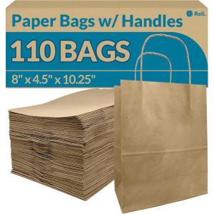 imageReli 8x45x1025 in Brown Paper Bags with Handles  110 Pack  Kraft Brown Paper Bags with Twist Handles Bulk  Ideal for Gifts Retail Shopping Merchandise Crafts