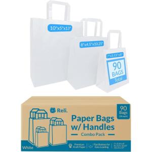 imageReli 90 Pack  Assorted Sizes White Paper Bags wHandles  7x315x8 8x45x1025 10x5x13  30 Pcs Each Size  Paper Bag Combo Pack  Retail Shopping Gifts