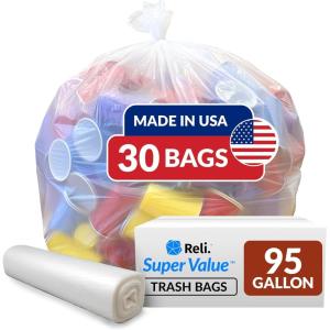 imageReli 95 Gallon Trash Bags Heavy Duty  30 Trash Bags  Super Sizeable Clear Garbage for Serious Cleanup
