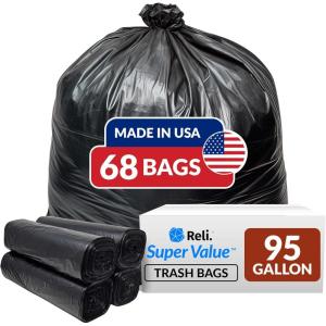 imageReli 95 Gallon Trash Bags Heavy Duty  68 Trash Bags  Super Sizeable Black Garbage for Serious Cleanup