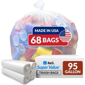 imageReli 95 Trash Bags Heavy Duty  68 Trash Bags  Super Sizeable for Serious Garbage Cleanup Clear