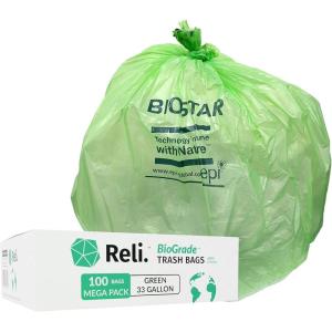 imageReli Biodegradable 33 Gallon Trash Bags 100 Count Green Eco Friendly Degradable Under Certain Conditions CustomFit for Compactor