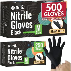 imageReli Black Nitrile Gloves Medium  500 Pack Heavy Duty Disposable Gloves 5 mil  Powder Free Latex Free  SingleUse  Premium Nitrile Material for Automotive Cleaning Cooking  Food Safe