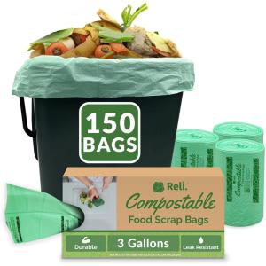 imageReli Compost Bags 3 Gallon 150 Count  ASTM D6400  Compostable Trash Bags for Food Scraps  Small Composting Liners for Kitchen Compost BinCountertop Bin  Green Eco for Food Waste 3 Gal