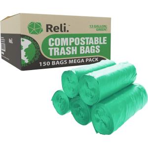 imageReli Compostable 13 Gallon Trash Bags  150 Count Bulk  ASTM D6400  Green  EcoFriendly  For Compost