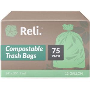imageReli Compostable 13 Gallon Trash Bags  75 Count  ASTM D6400  Green  EcoFriendly  For Compost