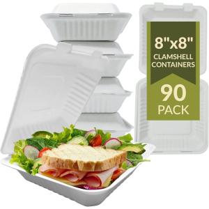imageReli Compostable Clamshell ToGo Containers 90 Pack 8x8 Inch  1 Compartment  Disposable Take Out Food ContainersTo Go Boxes  Biodegradable To Go Containers  Bagasse Clam shell  White 8x8