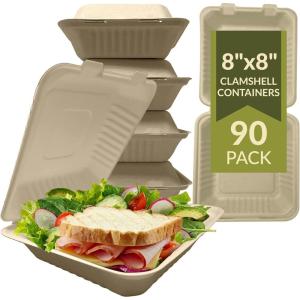 imageReli Compostable Clamshell ToGo Containers 90 Pack 8x8 Inch  1 Compartment  Disposable Take Out Food ContainersTo Go Boxes  Biodegradable To Go Containers  Bagasse Clam shell  Brown 8x8