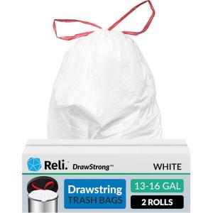 imageReli Drawstring Trash Garbage Bags Tall Kitchen 250 Count Bulk White 13 Gallon  16 Gallon Capacity