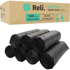 imageReli EcoStrong 13 Gallon Trash Bags  500 Count Bulk  Black  EcoFriendly  Made from Recycled Material